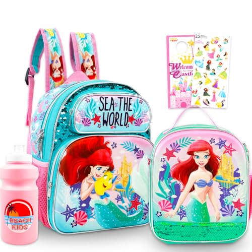 Disney Little Mermaid Mini Backpack with Lunch Bag - Bundle of 12 Ariel Mini Backpack Purse Lunch Box Stickers Water Bottle More School Supplies