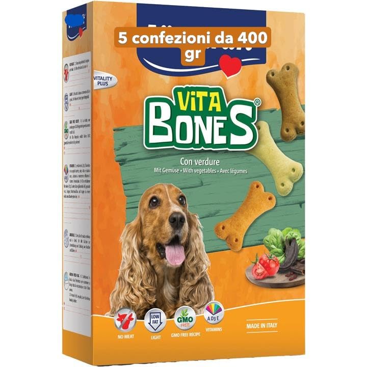 Vita Bones Biscotti per Cani con Verdure, Senza Carne, GMO Free, 5 Confezioni da 400g, Made in Italy