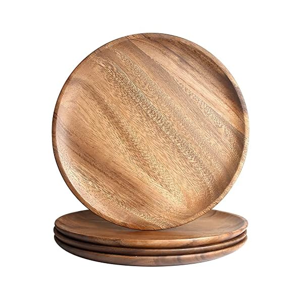 Iqcwood wooden dinner plates 11 inch round wood dinner plates set of 4 acacia wooden plates round tray serving platter for food sandwich dessert snack plates  urban country home decor