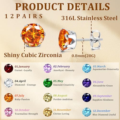 LOYALLOOK 12 Pairs Stainless Steel Cubic Zirconia Stud Earrings, Brilliant Cut Round CZ Earrings set, Birthstone Stud Earrings for Women2