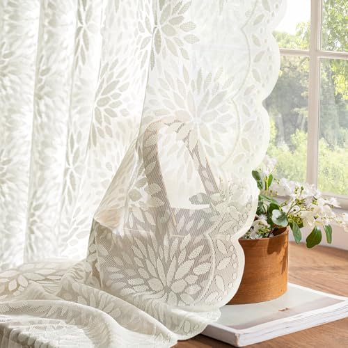 Image of MIULEE Vintage Lace Curtains 96 Inches Long 2 Panels, Victorian Decorative Floral Scalloped Semi Sheer Curtains Light Filtering Rod Pocket Panels Decor for Bedroom Living Room, 52 inch W x 96 inch L, Ivory