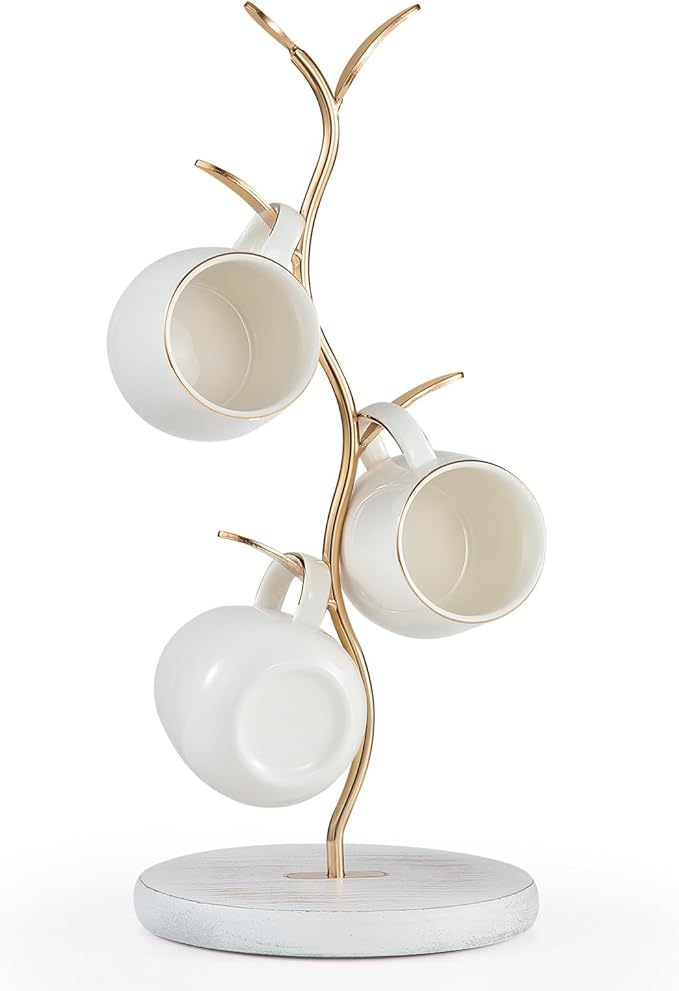 Mug Holder, Countertop Mug Tree, Coffee Mugs & Tea Cup Storage Rack, Coffee Counter Bar Accessory & Kitchen Organizer (Gold White)