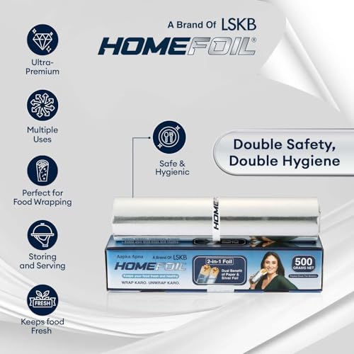 Image of HOMEFOIL 2-in-1 Paper & Silver Converted Aluminium Foil (500 Grams Net) for Packing | Keeps Food Fresh | Ideal for Wrapping, Storing and Serving | 33.06 Meter Net Guaranteed Length