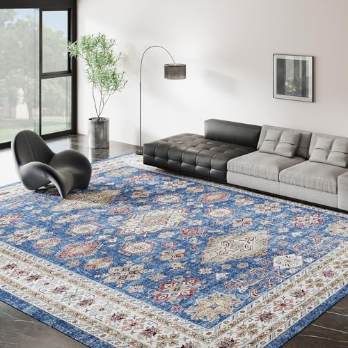 Vintage 8x10 Washable Area Rug, Low-Profile Large Area Rug with Non-Slip Backing & Durable Edge Binding, Pet-Friendly Carpet, Large Rug for Living Room, Bedroom, Dinning Room
