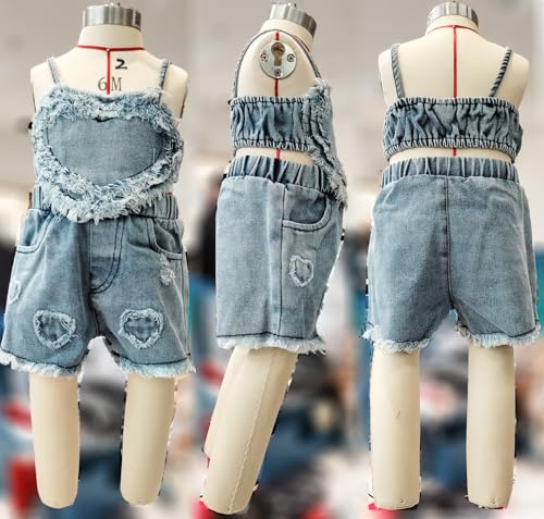 2PCS Infant Baby Girl Raw Edge Heart Shape Strap Crop Tops + Heart Ripped Denim Shorts Clothes Sets2