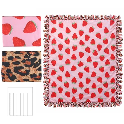 HunnmingRe 3 Pcs DIY Tie Blankets Fleece Kit No Sew Blanket Kit Include 50x60 Inch No Sew Fleece Fabric and Ruler Template DIY Throw Making for Bed Couch(Strawberry Leopard Pink)