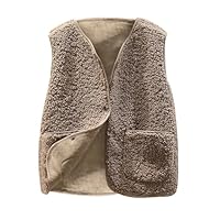 Women's Teddy Fleece Gilets Waistcoat V Neck Button Down Sherpa Fluffy Solid Color Lightweight Cozy Sleeveless Vest Winter Ladies Gilets and Bodywarmers With Pockets