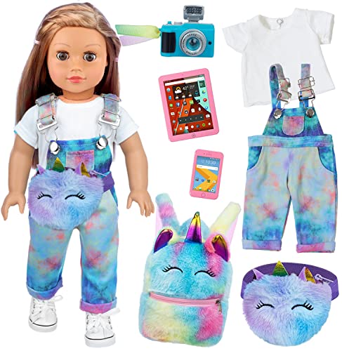 ZITA ELEMENT 7 Pcs American 18 Inch Doll Clothes and Accessories - 18 Inch Doll Clothes Set with Backpack, Waist Bag, Cell Phone, Tablet, Camera