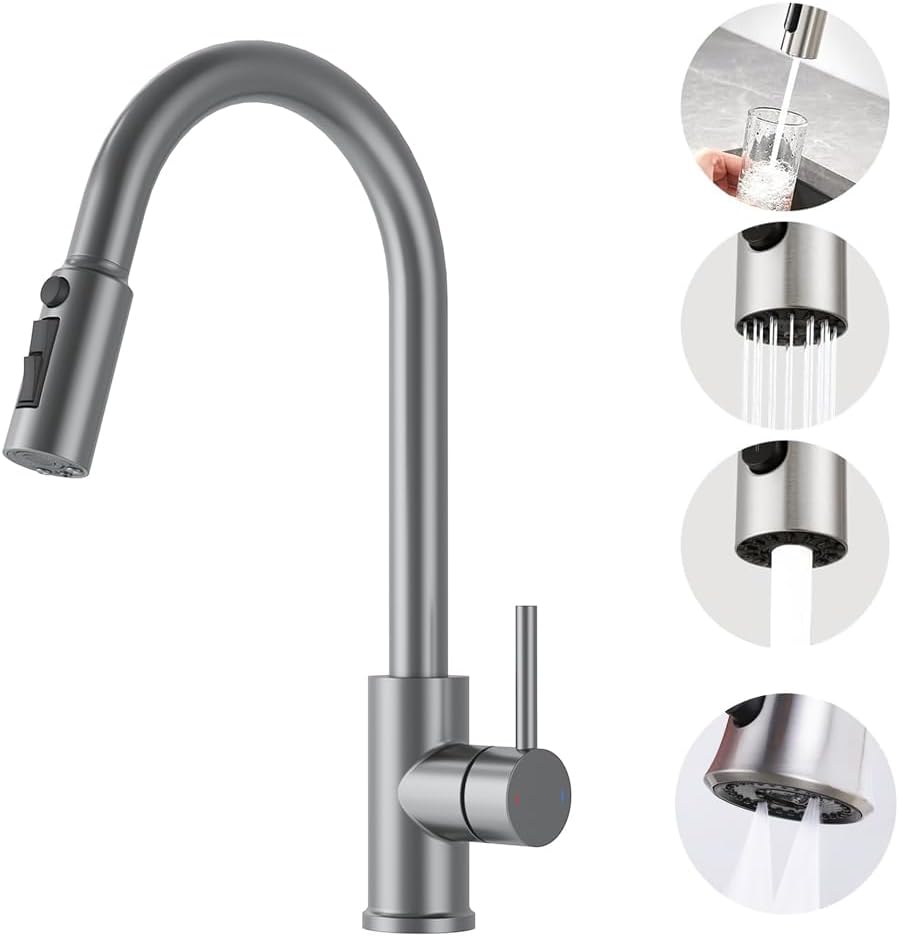 Kitchen Sink Basin Faucet with 4 Modes Pull Down Spray Head,Water Filter Purifier Faucet,Single Handle Pull Out Mixer Tap Brushed Nickel