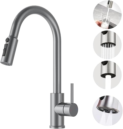 Grifo de lavabo de cocina con 4 modos de cabezal rociador, grifo purificador de filtro de agua, grifo mezclador extraíble de una sola manija, níquel