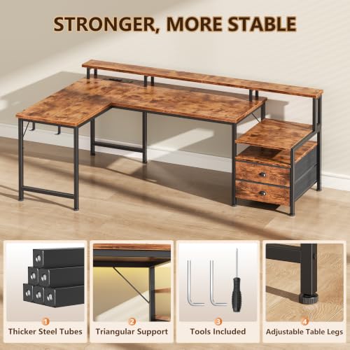 Image of Korfile 57'' L Shaped Computer Desk with Storage Drawers, Power Outlet, LED