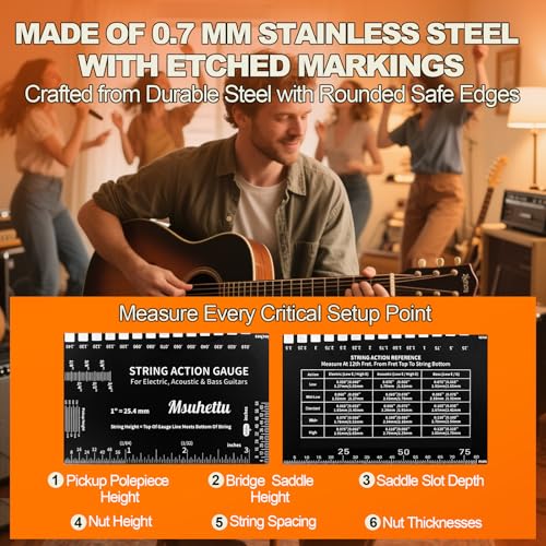 string action gauge ruler upgraded guitar string height gauge with inch amp metric scales guitar string setup tool and accessory for electric acoustic bass and luthier use - etched black edition
