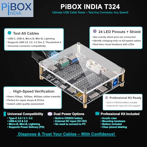Image of PiBox India T324 USB 4.0 Cable Tester Board - Professional Continuity Checker with 24 LED Indicators for USB Type-C /USB-A /Micro-B /Mini-B Continuity Testing Lightning Cables with Acrylic Case