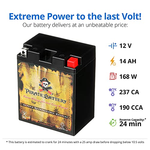 Image of Pirate Battery YB14L-A2 12V 190 CCA AGM - Maintenance-Free 14 Ah Battery for ATV, Motorcycle, Scooter, UTV, Snowmobile - T3 Nut & Bolt Terminal - Fits Polaris Sportsman 90, Honda Spree NQ50
