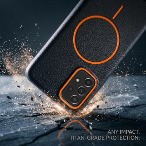 Image of amazon basics Luxury MagSafe Compatible Leather Texture Back Cover for Samsung Galaxy A73 5G | Raised Camera Protection | Slim Fit Shockproof Case with Metallic Accents (Black)