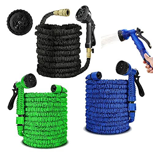 Garden Hose 100ft 30m Expandable Garden Hosepipe Strongest Double Latex Inner Tube with 7 Function Spray Gun Universal Connector Retracted Length 26ft for Pets Car Garden Patio Window-1 Year Warranty