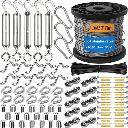 50M x 2mm 304 Stainless Steel Wire Rope Kit with M5 Turnbuckle Tensioner - Heavy-Duty Garden Cable for Climbing Plants, Catenary Wire, String Lights Hanging & Outdoor DIY Projects