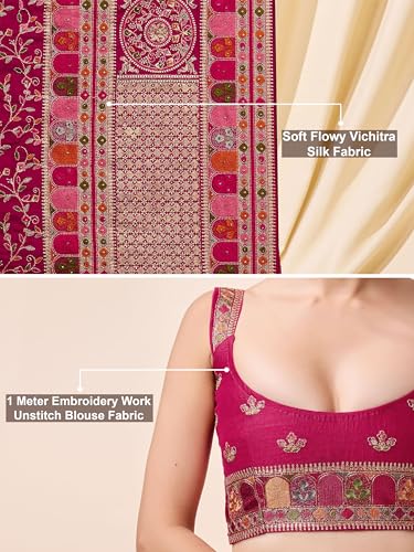 Image of TRENDMALLS Women's Vichitra Silk Heavy Embroidery With Siroski Stone Work Saree with Unstitch Blouse Piece For Women