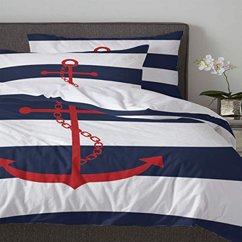 Nautical 3 Piece Bedding Set Comforter/Quilt Cover Set California King, Red Anchor Duvet Cover Set With 2 Pillow Shams For Teens/Adults/Toddler Blue And White Ripple #TOP3
