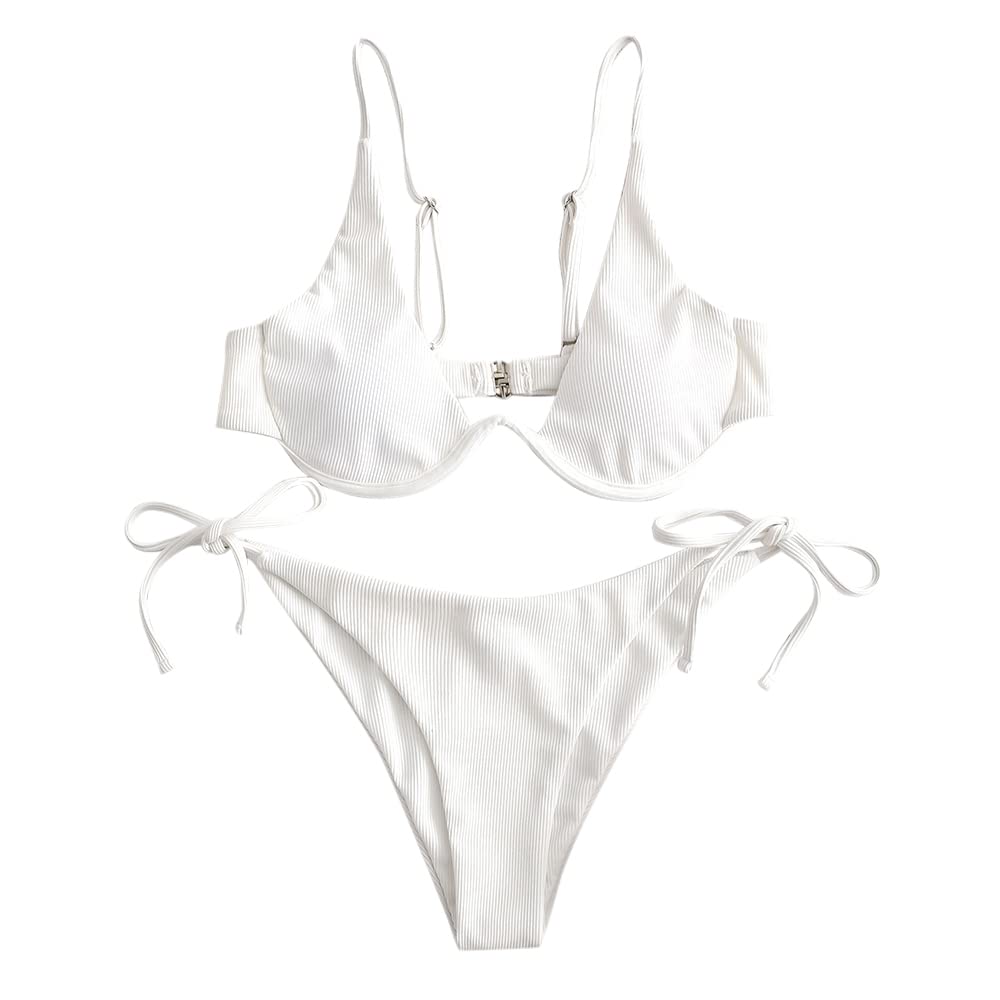 ZAFULWomen's Leopard Print Underwire High Cut Triangle Bikini Set Swimsuit, 2-white, M