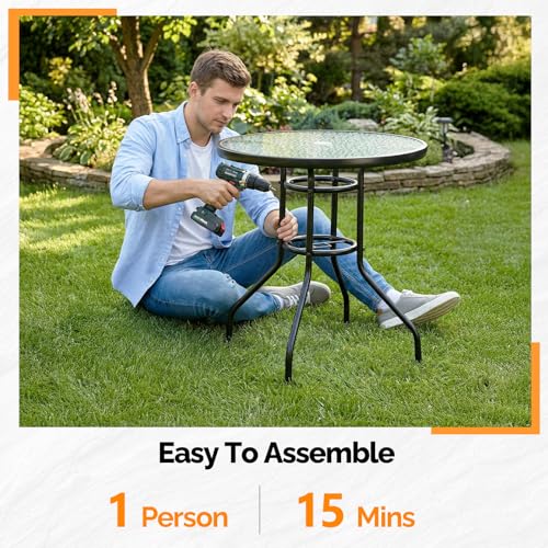 Image of VINGLI Round Patio Table with Umbrella Hole, 32 inch Outdoor Dining Table Steel Tempered Glass Patio Tables Round Outdoor Tables for Balcony Garden Deck
