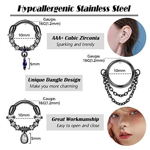 Sanfenly 9Pcs 16G Septum Rings for Women Men Stainless Steel Dangle Septum Jewelry Blue Planet Teardrop CZ Butterfly Bat Spiked Daith Earrings Hoop Nose Rings Cartilage Helix Septum Piercing Jewelry2