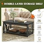 WLIVE Coffee Table, 43" Farmhouse Coffee Table with Storage Shelf & Sturdy V-Shaped Support, Wood Center Table for Living Room, Bedroom, Office and Balcony, Black - Image 5