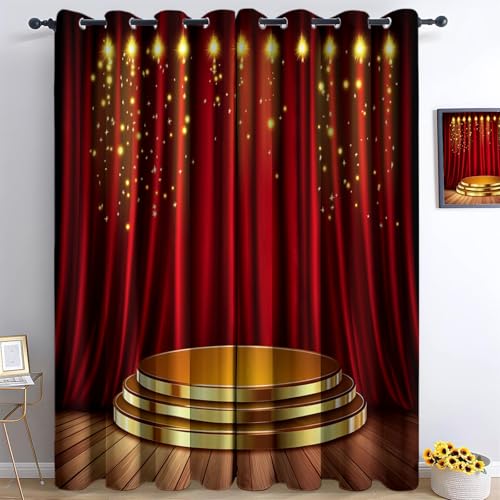 Vorhang Blickdicht Rot, Bühne Mit Holzstruktur Im Used Look Ösen Fenster Gardinen - Thermovorhang Verdunkelungsvorhänge für Wohnzimmer Schlafzimmer Babyzimmer Deko 2er Set H245 x B140 cm