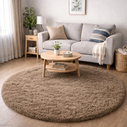 Image of Premium Polyester Shaggy Round Rug - Ultra Soft Fluffy Circle Carpet for Bedroom, Living Room, Kids Room, Anti-Skid Plush Floor Rug - (Beige, 5 feet|150cm)