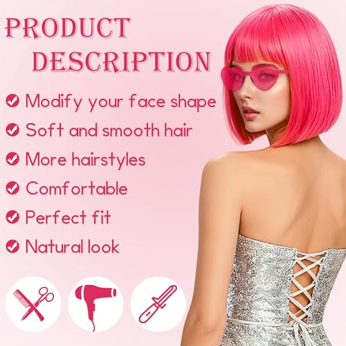 Image of 2 Pack Colored Bob Wigs and Heart Sunglasses Set, Purple Hot Pink Short Straight Bob Wig with Bangs Neon Party Colorful Synthetic Hair for Women Men Halloween Costume Bachelorette Party Favors