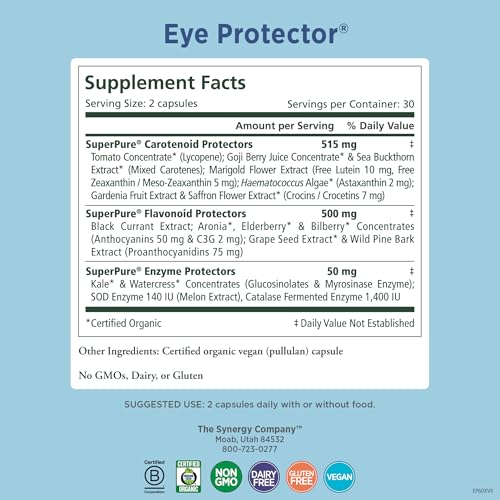 Image of PURE SYNERGY Eye Protector | 100% Natural, Vegan Eye Health Supplement | with Organic Astaxanthin, Lutein, & Zeaxanthin | for Healthy Vision (60 Capsules) (Pack of 2)