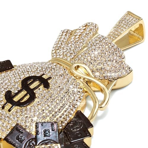 L2JK Huge Money Bag Pendant Fully Iced Diamond Lab 10mm - 24" & 30" Inch Rope Chain Necklace For Men 14k Gold Plated Big Gold Hip Hop Faux Rapper Kit Jumbo Money Sign Bling (Pendant Only)