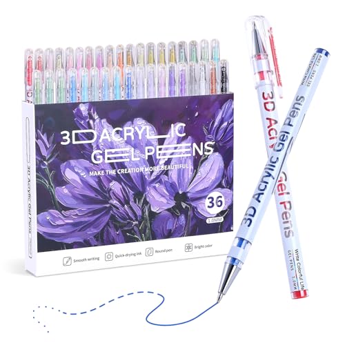 KEMYR 36 Vibrant Colors 3D Acrylic Gel Pens, 1mm Bullet Tip, Smooth Flow Gel Markers for Black Paper, Bullet Journal, DIY Cards, Fabric, Leather, Sketches, Ideal for Artists & Stationery Enthusiasts