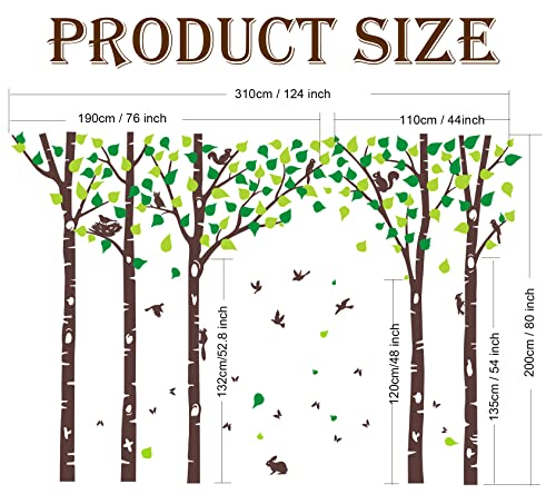 5 Large Birch Tree Wall Decals Jungle Tree Wall Stickers Forest Animal Wall Stickers Owl Squirrel Rabbit Stickers For Kids Room Nursery Bedroom Living Room Classroom Wall Decoration (80", Brown,Green) #TOP6