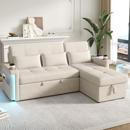 Sofá esquinero en forma de L con puertos USB LED, espacio de almacenamiento convertible en un sofá cama, respaldo ajustable, bandeja para bebidas, cojín esquinero para salón, habitación, beige