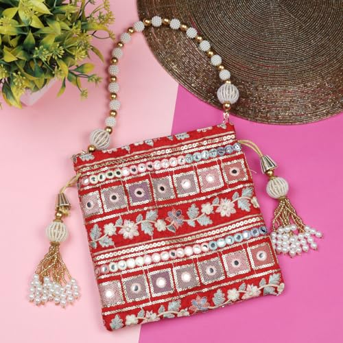 Image of LONGING TO BUY Indian Embroidered Pearl Potli Bag For Women, Sequence Design with Tassel, Wedding Potli Bags