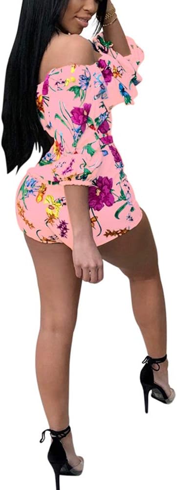 Women Sexy One Piece Romper Outfits Pull Sleeve Floral Print Off Shoulder Short Jumpsuit Pants Set - Image 2
