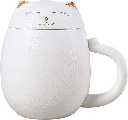 Liywall - Taza de té de cerámica con infusor y tapa, diseño de gato hecho a mano de porcelana con estuche de almacenamiento portátil a prueba de