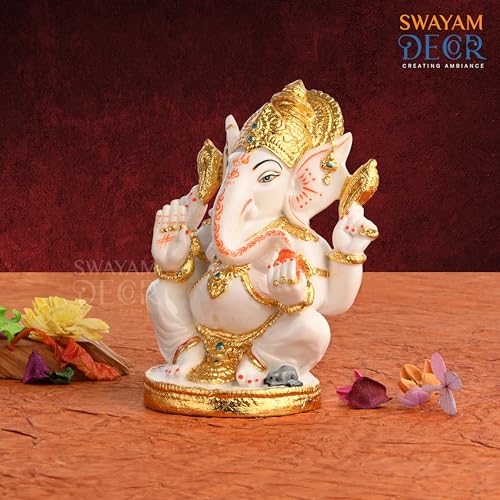 Image of Creating Ambiance Polyresin Marble Ganesh Idol, Vinayaka Statue | Auspicious Ganpati Murti For Living Room & Home Decor - Ganesh Idol For Diwali - Gold & White (7.5 Inches)