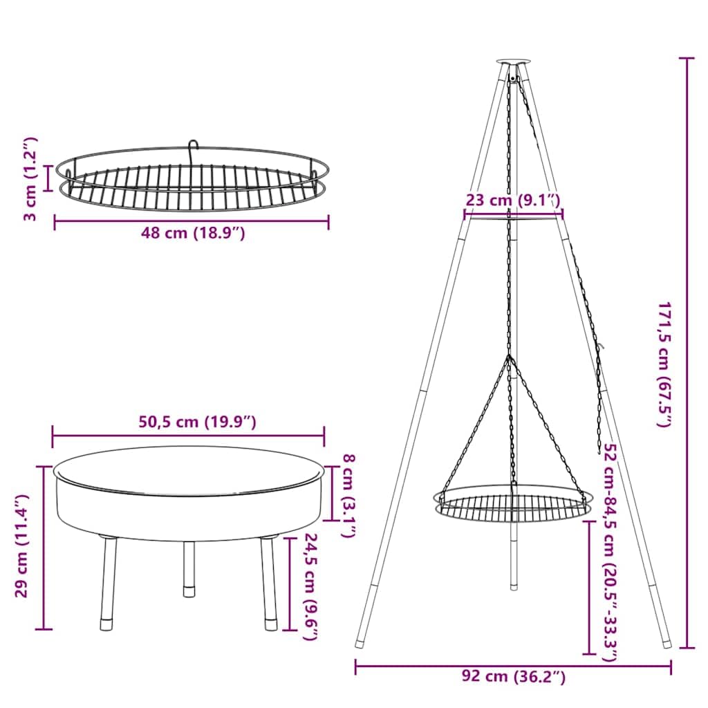 Lagerfeuer Stativ 3 pcs Schwarz Stahl, tragbares Outdoor Kochgerät, 92x92x171,5 cm, robustes Haushaltsgerät für Camping und Garten, vielseitiges Küchenzubehör für Kochen und Backen