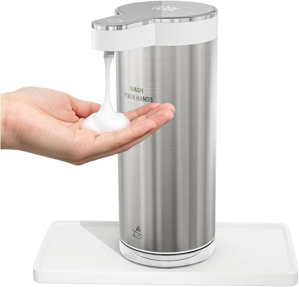 ZAVENT™ Touchless Automatic Soap Dispenser with Compact Black & White Organizer Tray for Kitchen & Bathroom Countertop, Stainless Steel Sensor Dispenser, Modern Design