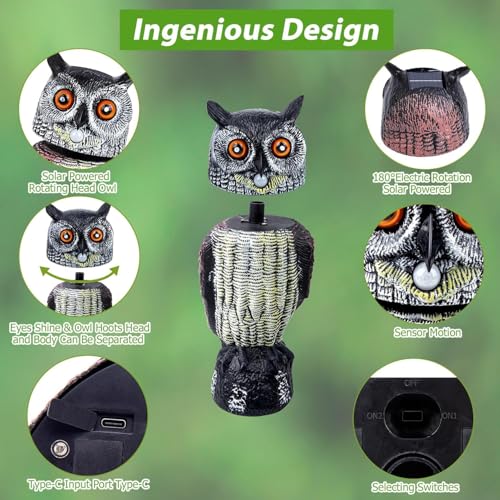 Búho solar ahuyentador de pájaros y palomas de 43 cm para exterior y jardín 4