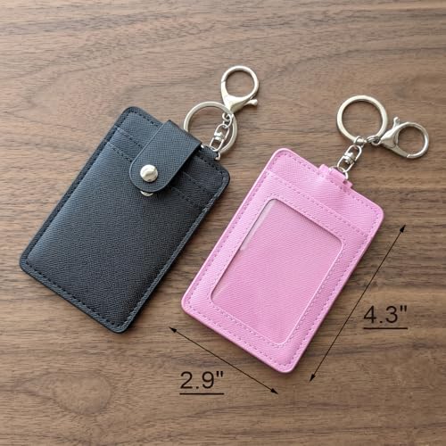 Image of 2 Pack Slim Credit Card Holder Back /Front Pocket Purse Wallets, Faux Leather ID Badge Holders for Carrying Keys, Metro Cards, with Metal Clasps&Key Rings (Black, pink)