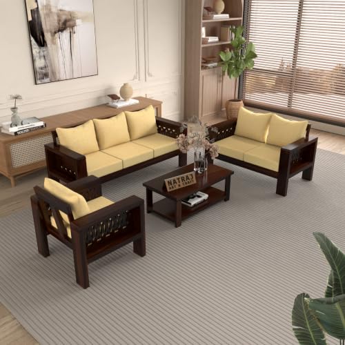 Image of NATRAJ ART & CRAFT Sheesham Wood 6 Seater Sofa Set for Living Room | Wooden Sofa Set for Living Room Furniture (3+2+1 Seater, Walnut Finish)