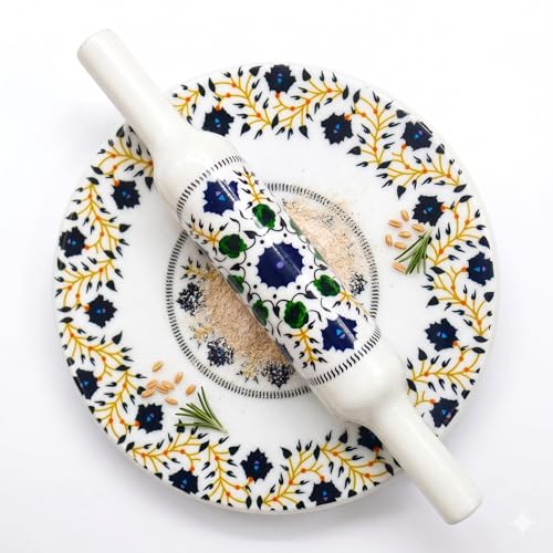 Image of Modern Floral Design Marble Chakla Wooden Belan | Printed 10 Inch Enamel Roti Maker with Belan | Heavy Duty Non-Slip Chakla for Roti, Chapati, Paratha |Kitchen Rolling Board (1 Set) (5.Flower Bell)