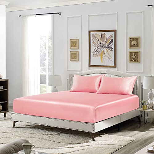 Image of SiinvdaBZX 3-Piece Set Satin Queen Fitted Sheet & 2 Pillowcase, Blush Pink Silky Soft Fitted Bottom Sheet, Wrinkle Free, Fade Resistant, Deep Pocket Bed Sheet (Deep Up to 15 inch)