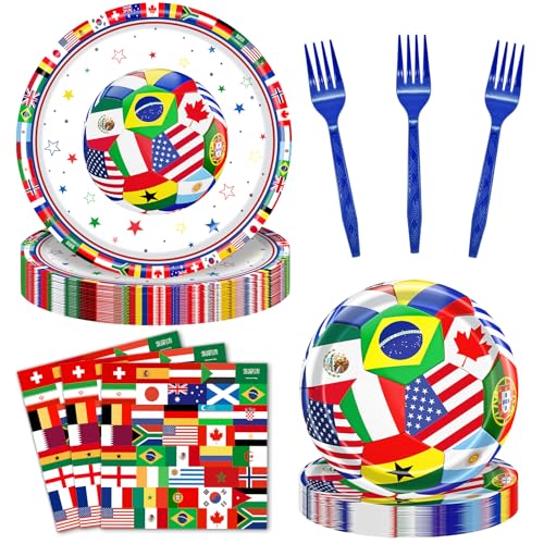 96 Pieces International World Flags Plates and Napkins Tableware Set Soccer World Flags Disposable Paper Plates Napkins Forks for Soccer Party Supplies Sports Theme Events Birthday Decor - Serves 24