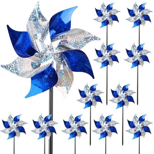 Hausse 12 Pack Reflective Blue Pinwheels with Stakes (Pre-assembled) Extra Sparkly Pin Wheel for Garden Decor Bird Repellent Devices Deterrent to Scare Birds Away from Yard Patio Farm Silver & Blue