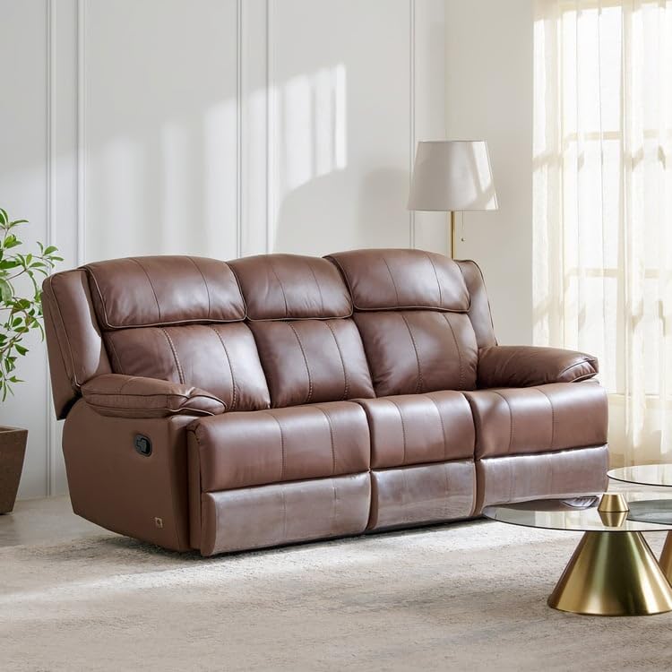 Image of Home Centre | Torino Half Leather 3-Seater Recliner Set | Recliner Sofa for Living Room | Solid Wood | Brown | 2 Year Warranty