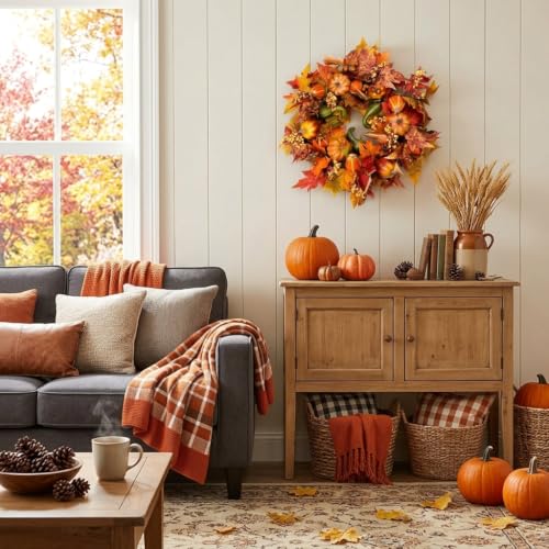 HomeKaren Fall Wreaths for Front Door 22 inch, Fall Door Wreath with Pumpkin, Maple Leaves Autumn Thanksgiving Harvest Festival Decorations Indoor and Outdoor - image 5
